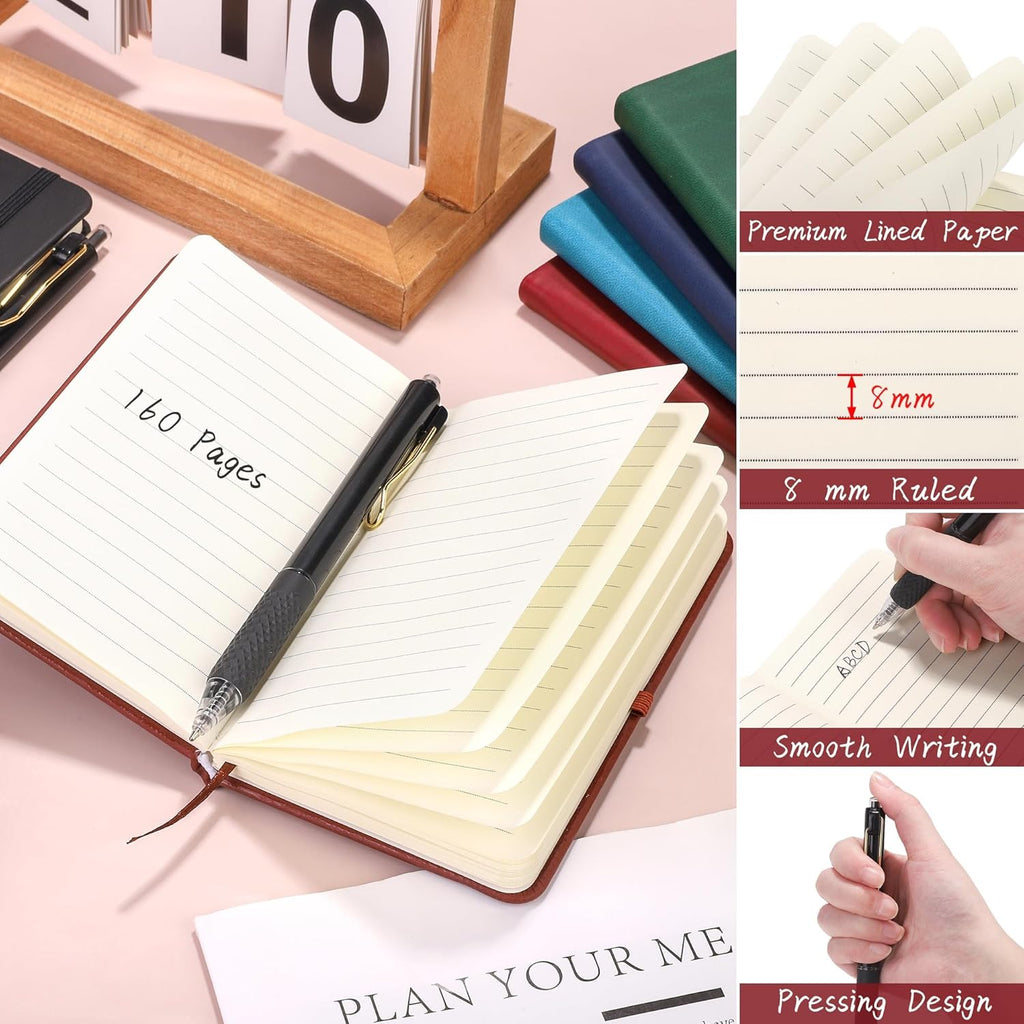 Aodaer 50 Sets Pocket Notebook Journal with Pens, 160 Pages, 3.5 x 5.5 Inch Mini Lined Journal Notebook A6 Leather Hardcover College Ruled Notepad with Pen Holder for School Office, Deep Multicolor