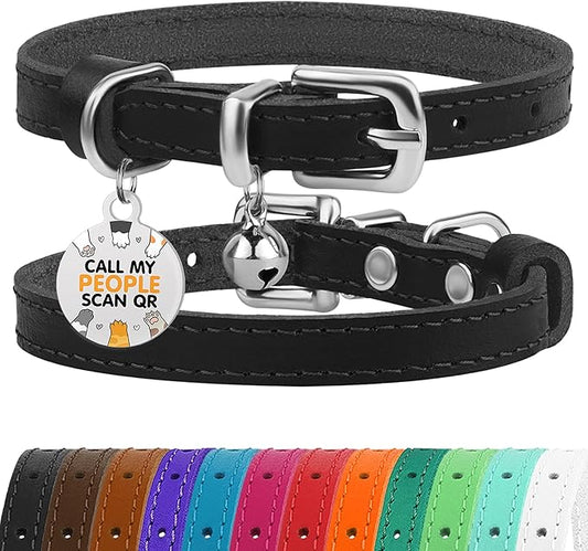 BRONZEDOG Leather Cat Collar with Removable Bells Non Breakaway Kitten QR Tag for Girl Boy (9" - 12" Cats/Mini Dogs, Black & Silver)-PawvioPets