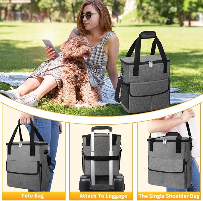 Dog Travel Bag for Camping - Weekend Pet Accessories With 2 Collapsible Bowls, 2 Food Containers, 1 Waterproof Feeding Mat - M, Grey-PawvioPets
