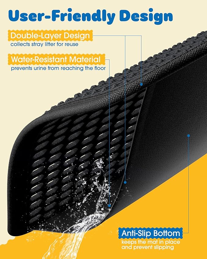35" x 30" Cat Litter Mat - Ultra-Large Litter Box Mat with Double Layers, Urine-Proof and Non-Slip Litter Trapping Mat, Easy to Clean Kitty Litter Mats for Floor, Scatter Control, Black-PawvioPets