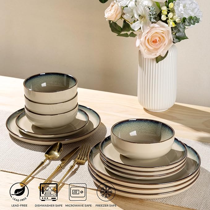 GBHOME Ceramic Dinnerware Sets for 4, 12 Pieces Stoneware Plates and Bowls Sets, Scratch Resistant Dishes, Dishwasher & Microwave Safe, Reactive Glaze-Gravel-PawvioPets