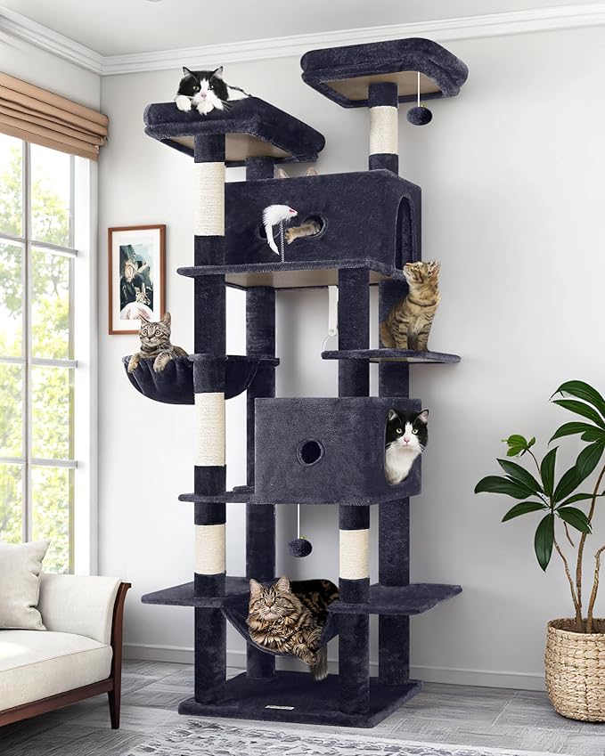 Globlazer Large Cat Tree Tower Condo, 80in Tall Cat Tree for Multiple Indoor Cats Large Adult, XXL Big Cat Climbing Tower with Cat Caves, Sisal Scratching Posts, Top Perches, Hammock, S80B, Dark Gray-PawvioPets