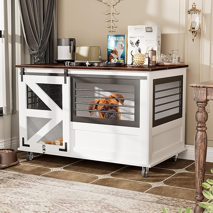 47 inch XL Dog Crate Furniture with Top-Access Teasing/Feeding Doors, Farmhouse Wooden Decorative Dog Crates with Wheels, Chew-Resistant Dog Crates End Table for Medium&Large Dogs, White-PawvioPets