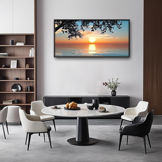 Framed Large Lake Sunset Wall Art, Oversized Natural Landscape Wall Decor for Living Room, Tree Leaves Canvas Painting Pictures Home Decoration for Living Room Bedroom Office 60"x30"-PawvioPets