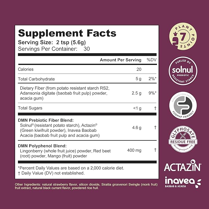 DMN (Daily Microbiome Nutrition), 6 Oz, Plant-Based Fiber Powder with 3 Different Prebiotics, Helps Digestive & Gut Health, Low FODMAP Supplement, Vegan, Wild Berry Flavor, 30 Servings-PawvioPets