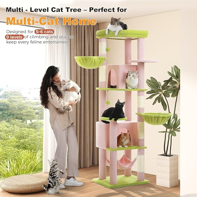 71.2" Large Cat Tree for Multi-Cat Households - Heavy-Duty 9-Level Cat Tower w/5 Sisal Scratching Posts, 2 Condos, 3 Hammocks, Extra-Large Perch & Pompoms - Space-Saving, Pink-PawvioPets
