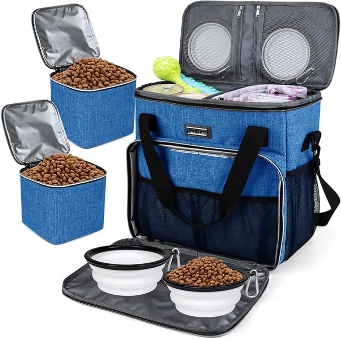 BAGLHER Dog Travel Bag, Pet Travel Bag (ALL Pet Travel Supplies), With 2 Pet Food Containers and 2 Collapsible Silicone Bowls; Essential Kits for Pet Travel Blue-PawvioPets
