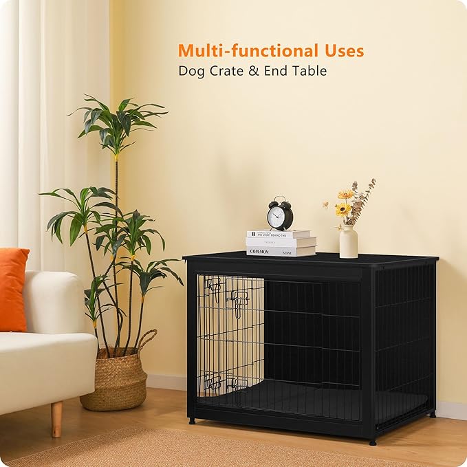 DWANTON Dog Crate Furniture with Cushion, Wooden Kennel Table with Double Doors, Indoor Dog House, Large Size, 38.5" L, Black-PawvioPets
