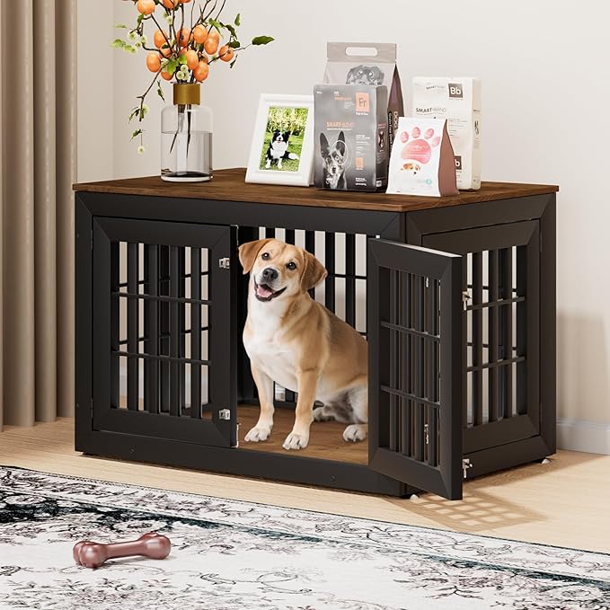 42" Heavy Duty Dog Crate Furniture for Small,Medium and Large Dogs,Rustic Wooden Dog Cage Kennel Indoor Furniture with Waterproof Top,Decorative Pet House Side End Table (Black & Wood)-PawvioPets