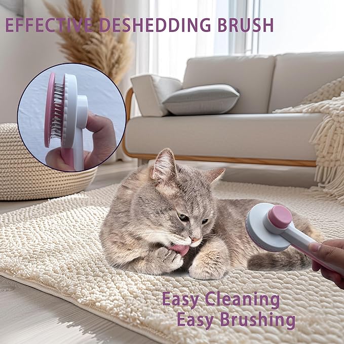 Cat Grooming Brush Kit 6 Tools - Deshedding & Dematting for Long/Short Hair, Self-Cleaning Slicker Brush with 6-in-1 Flea Comb for Cats & Kittens (Pink)-PawvioPets