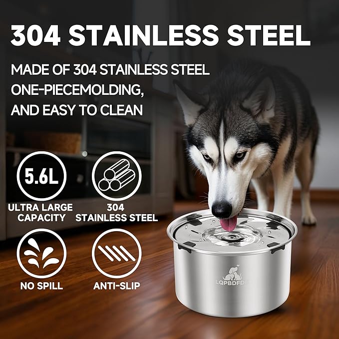 Dog Water Bowl No Spill, 5.6L/1.5 Gallon No Drip Slow Drinking Dog Water Bowl Dispenser Spill Proof, Large Stainless Steel Slobber Stopper for Messy Drinkers, Small Medium & Large Dogs-PawvioPets