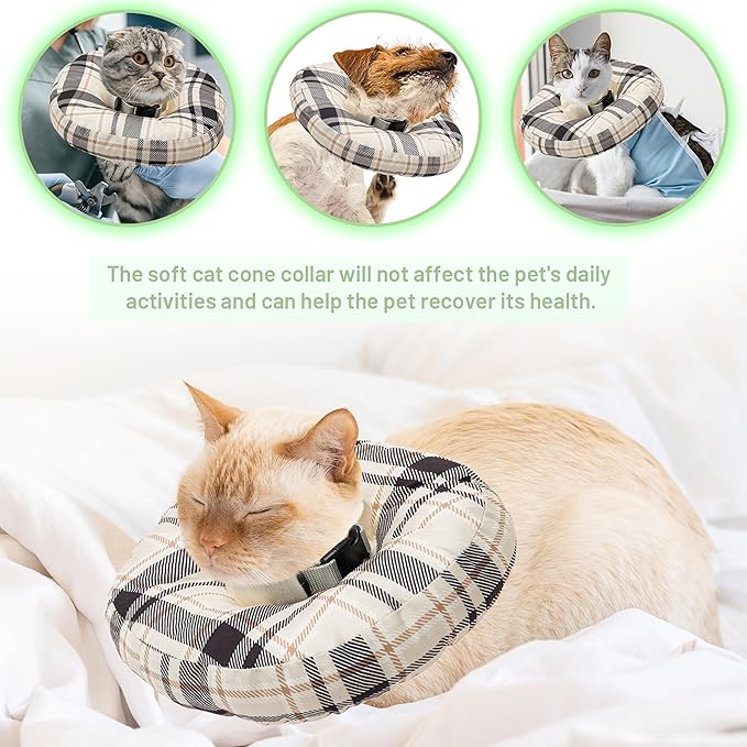 Cat Cone Collar Soft, Adjustable Plaid Elizabethan Cat Recovery Collar After Surgery to Prevent Licking & Scratching Wound, Fits Small Medium Large Cats, Puppy, Small Dogs-PawvioPets