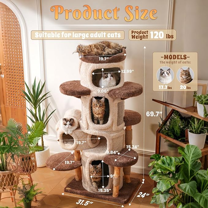 70'' Luxury Heavy Duty Cat Tree for Indoor Cats Adults,Treehouse Theme Large Cat Tower for Home Decoration,Multi-Level Modern Maine Coon Condo with 3*Wood Scratching Post,Perch,Huge House for Multicat-PawvioPets