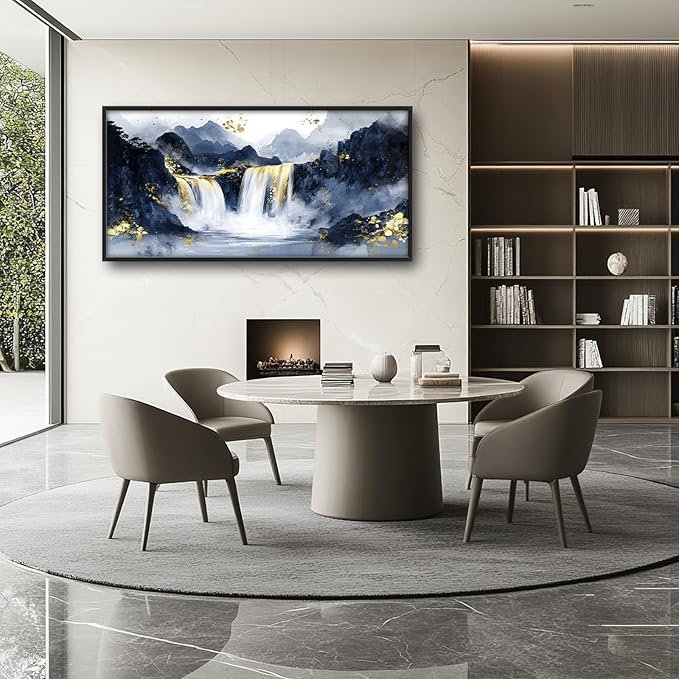 Extra Large Abstract Golden Waterfall Framed Wall Art for Living Room,Oversized Foggy Mountain Pictures Wall Decor,Canvas Print Painting Modern Artwork Bedroom Office Bathroom 60L" x 30W"-PawvioPets