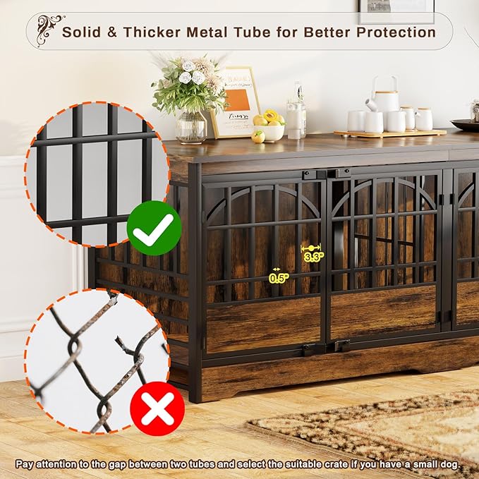 COZPAW 86 Inch Double Dog Crate Furniture for 2 Large Dogs, Decorative Dog Kennel Indoor TV Stand, Heavy Duty Wooden Dog Cage for Large Medium Dogs Sized Dog Pet House with Divider (Brown)-PawvioPets