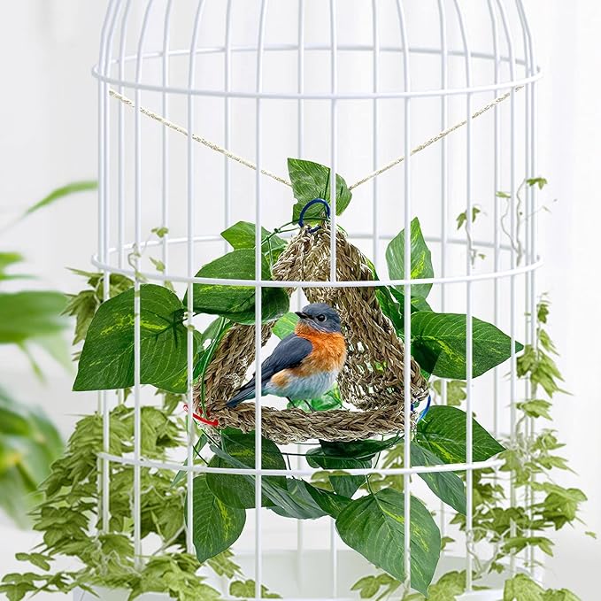 BNOSDM Bird Seagrass Mat, 3 PCS 7.1 x 7.1 Inches Parrot Natural Seagrass Woven Bird Net Hammock Mat, Parakeet Climbing Rope Ladder Chew Toys Hut Hideout for Lovebird Cockatiel Conure Budgie-PawvioPets