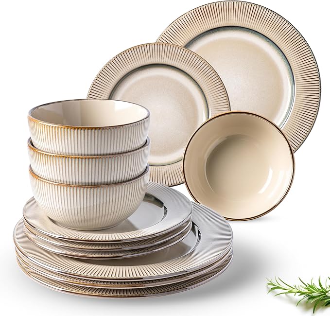 GBHOME Ceramic Dinnerware Sets,12 pcs Embossed Elegant Stoneware Plates and Bowls Sets, Housewarming Wedding Gift | Dishwasher & Microwave Safe | Dishes Set Service for 4-PawvioPets