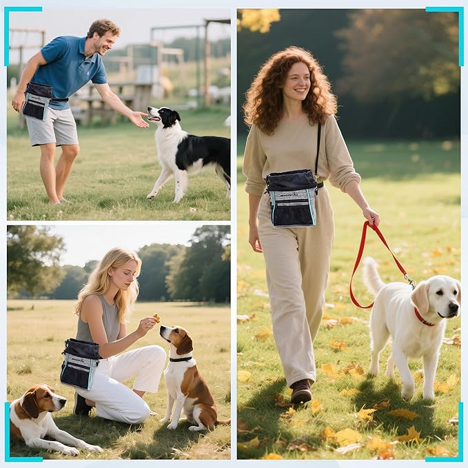 Dog Treat Pouches Training Walking Bag with Shoulder Strap, Large Space for Pets Food, Polyester Fabric, 3-Way Wearing Design, Portable Pet Bagand Easy to Clean, Black with Grey-PawvioPets