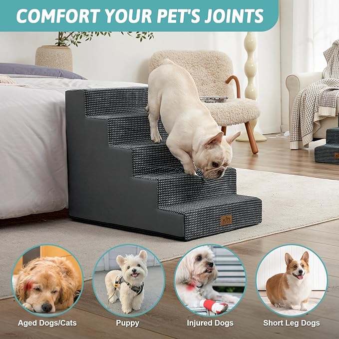 Dog Stairs for Small Dogs, 5 Tier Wider Pet Stairs for High Beds, 23.6" H Non-Slip Dog Steps for Old Cats, Puppies, Small Medium Dogs, 29.5x19.7x23.6 inch, Dark Grey-PawvioPets