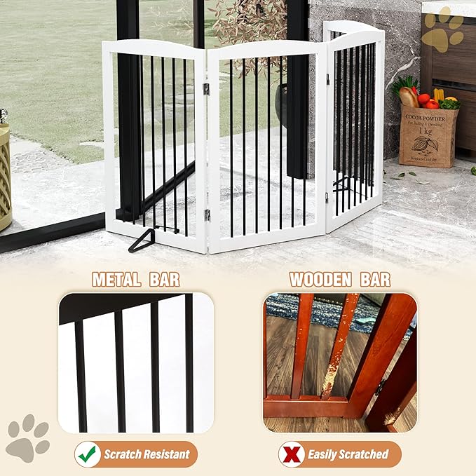 Freestanding Pet Gate - Foldable Wooden Dog Gate, 80 Inch Wide, 4 Panels, White-PawvioPets