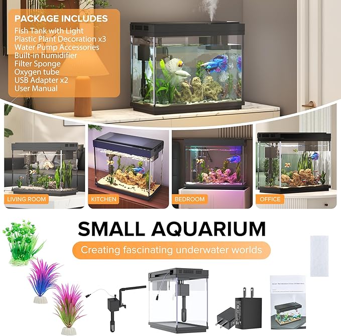 Fish Tank, 2.4 Gallon Fish Aquarium, Fish Tank Starter kit with Smart Humidifier, Temperature Display, 7-Color Lighting, 3 in 1 Quiet Pump with Filteration & Oxygenation & Circulation-PawvioPets