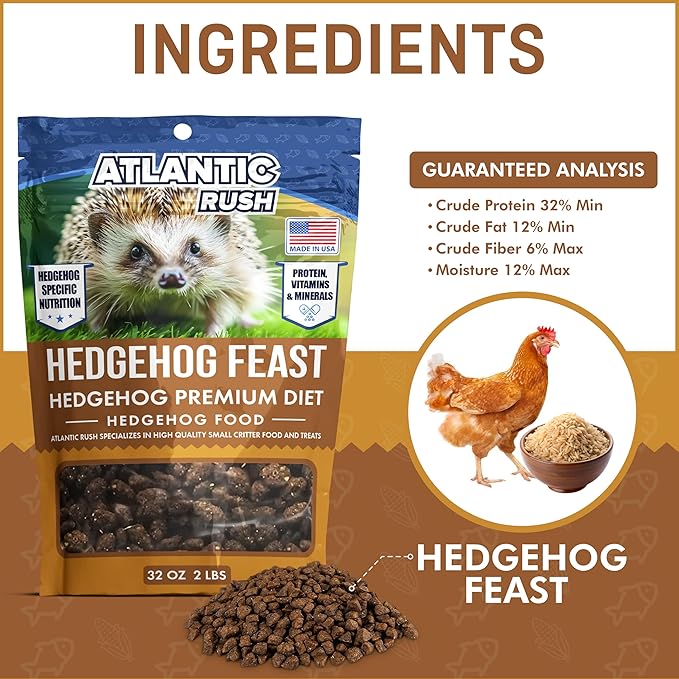 Atlantic Rush Hedgehog Feast Premium Food - 2lb Resealable Bag of Hedge Hog Delite- Small Critter Supplies Hedge Hog Food - Hedgehog Treats- Sourced & Made in The USA-PawvioPets