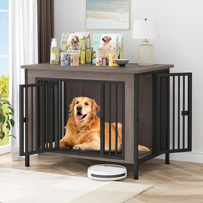 EasyCom 39.96" XL Wooden Large Dog Crate Furniture for Medium and Large Breed, Chew-Resistant Dog Kennel Furniture Indoor with 2 Doors and 3.94" Raised Feet, as TV Stand, End Table, Crate Table-PawvioPets
