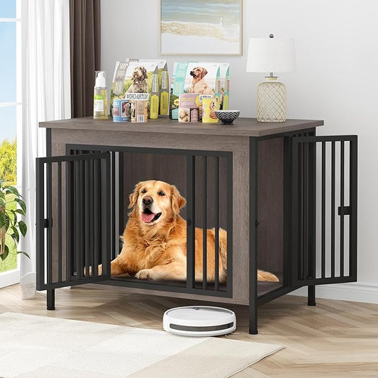 EasyCom 39.96" XL Wooden Large Dog Crate Furniture for Medium and Large Breed, Chew-Resistant Dog Kennel Furniture Indoor with 2 Doors and 3.94" Raised Feet, as TV Stand, End Table, Crate Table-PawvioPets