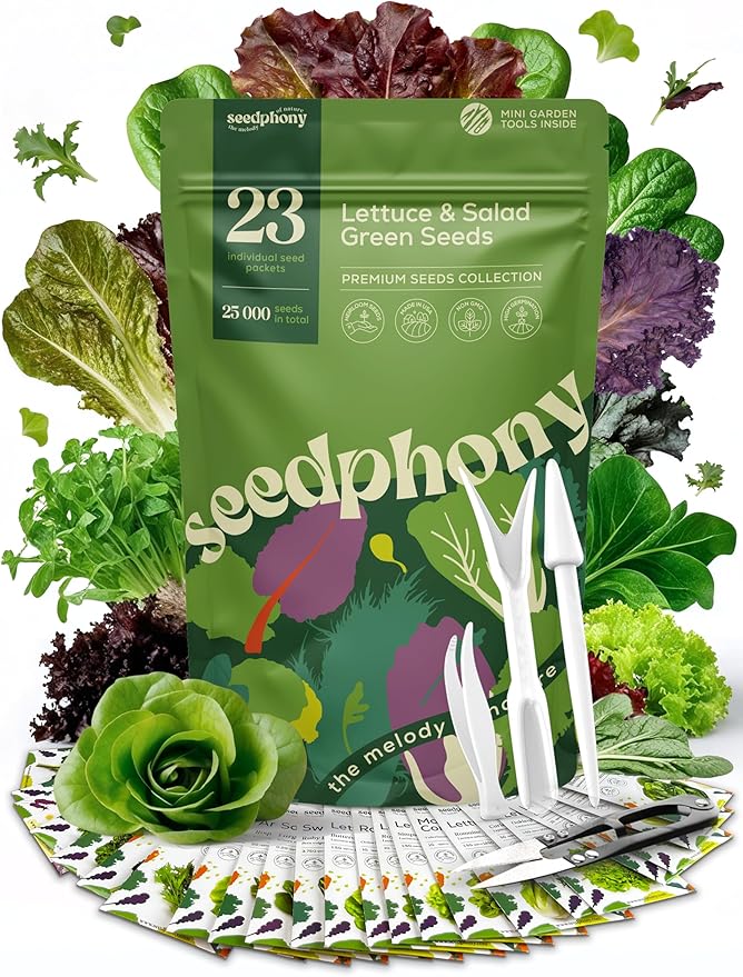 23 Lettuce & Salad Greens Seeds Variety Pack - 25,000+ Non-GMO Heirloom Greens Seeds for Planting Lettuce Indoor & Outdoor: Arugula, Mizuna, Kale, Spinach, Swiss Chard, Mache & More Lettuce Seeds-PawvioPets