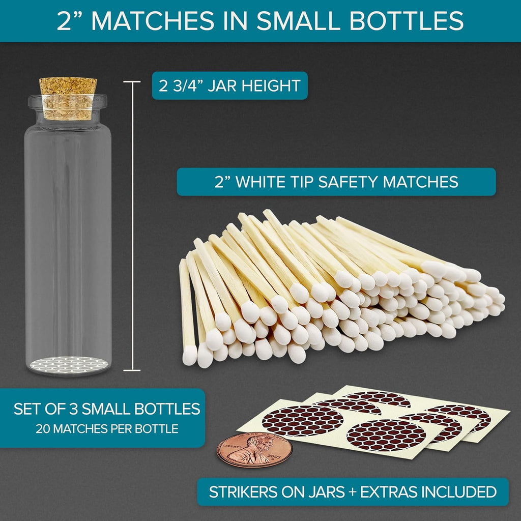 2" Classic White Tip Safety Matches | 3 Glass Bottles Each with Cork Top, Striker & 20 Matchsticks by Thankful Greetings (60+ Total) | Decorative & Unique for Home Decor, Event Giveaways