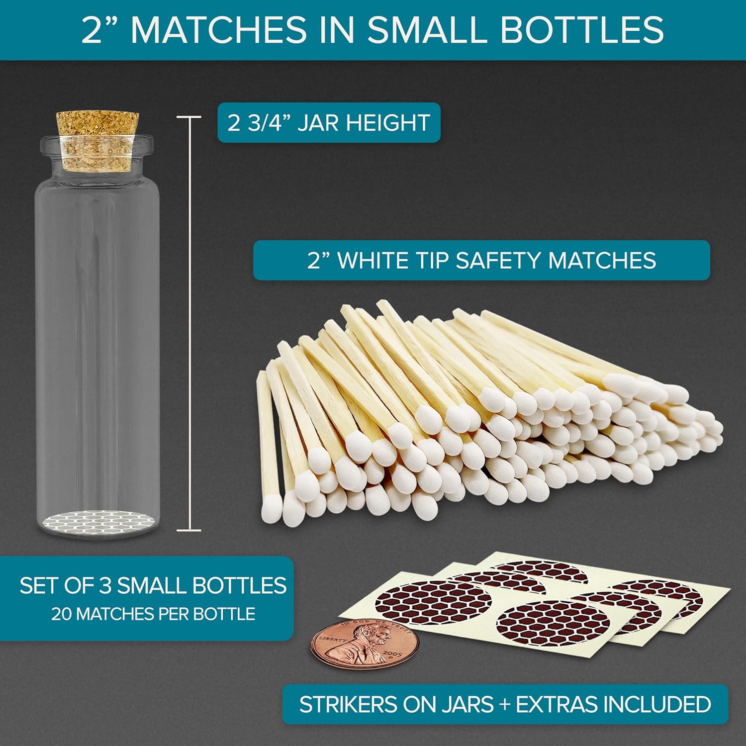 2" Classic White Tip Safety Matches | 3 Glass Bottles Each with Cork Top, Striker & 20 Matchsticks by Thankful Greetings (60+ Total) | Decorative & Unique for Home Decor, Event Giveaways