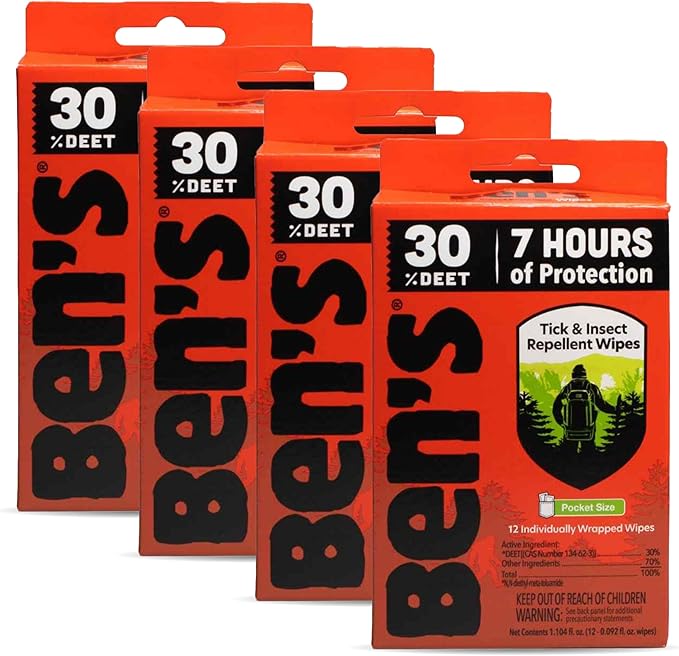 Ben's Tick & Insect Repellent Wipes - 30% DEET for Mosquitoes, Ticks & More - Up to 7 Hours of Protection - Alcohol- & Fragrance-Free - 12 Wipes (4 Pack)-PawvioPets