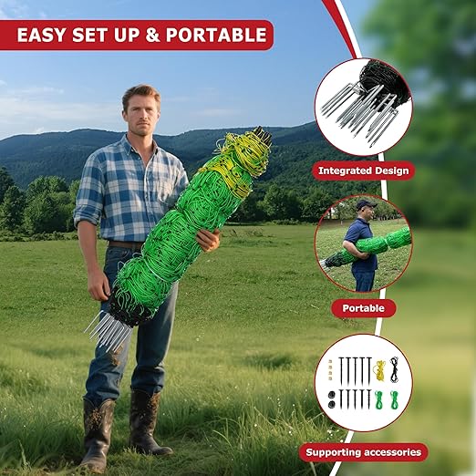 Electric Fence Netting, 164'L x 42.5" H Electric Fence Kit for Livestock, Goat, 14 Posts Double Spiked Portable Electric Poultry Farm Fence-PawvioPets