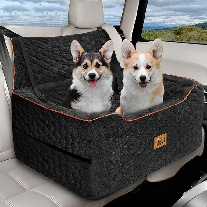 Dog Car Seat for Medium/Large Dogs, Washable Dog Booster Seat Under 60 lbs or 2 Small Dogs, Multi-Functional Pet Car Seat with Thick Cushion, 2 Safety Leashes (Black)-PawvioPets