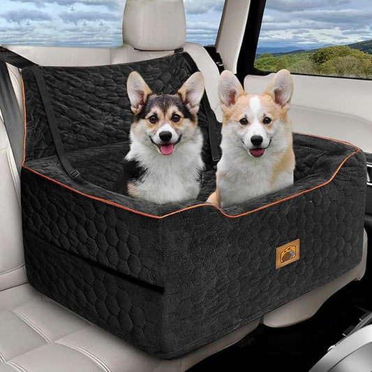 Dog Car Seat for Medium/Large Dogs, Washable Dog Booster Seat Under 60 lbs or 2 Small Dogs, Multi-Functional Pet Car Seat with Thick Cushion, 2 Safety Leashes (Black)-PawvioPets