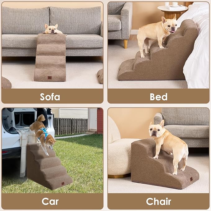 EHEYCIGA Curved Dog Stairs Ramp for High Beds 19.7" H, 4-Step Dog Steps for Small Dogs and Cats, Pet Stairs for High Bed Climbing, Non-Slip Balanced Pet Step Indoor, Camel-PawvioPets