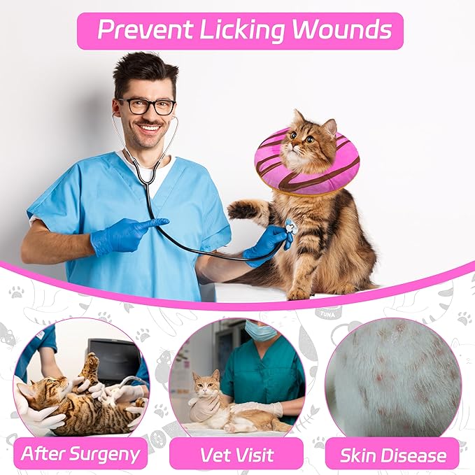 Cat Cone Collar Soft, Adjustable Cat Recovery Collars to Stop Licking, Cute Donut E Collar After Surgery, Anti-Lick Wound Healing Elizabethan Collar for Kittens (Pink, Large)-PawvioPets