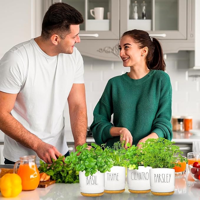 Deluxe Ceramic Indoor Herb Kit 4 Set. Variety Herbs for Indoor & Outdoor – Get Growing with Pots, Potting Soil for Window Herb Garden. (Ceramic Edition)-PawvioPets