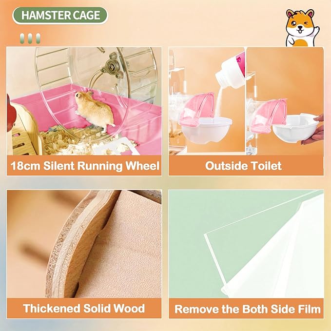 8 in 1 Clear Acrylic Hamster Cage with All Accessories,13.5''L* 10''W* 13''H Dwarf Hamster Cage,Small Hamster Habitat,Garden Style Mouse Cage for Pet Mice,Hamster Enclosure(1-Layer,Pink)-PawvioPets