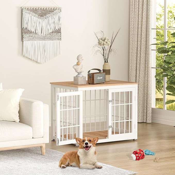 32 Inch Heavy Duty Dog Crate Furniture for Medium and Small Dogs, Decorative Pet House End Table, Wooden Cage Kennel Furniture Indoor, Natural and White-PawvioPets