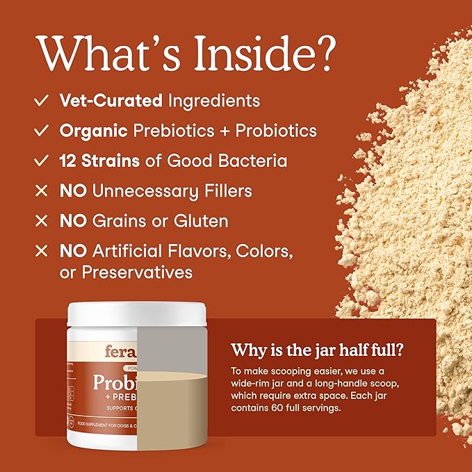Fera Pets Probiotics for Dogs & Cats with Prebiotics - USDA Organic - Gut Health Powder Supplement with 12 Strains and 5 Billion CFUs - Supports Immunity, Energy and Skin & Coat - 60 Scoops-PawvioPets