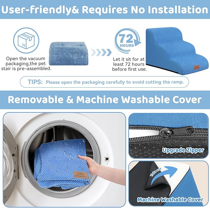 Dog Ramp and Stair for Bed 16" H-20 H,3-Step Cat Stair for Sofa and Chair,4-Step Dog Ramp for High Bed and Window,Durable Nonslip Fabric Cover for Indoor (Blue-16“H, Pet Friendly, 3)-PawvioPets