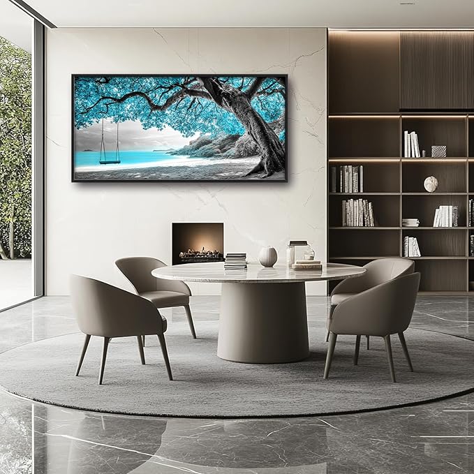 Extra Large Framed Abstract Tree Wall Art,Black and White Tree of Life Wall Decor,Blue Teal Sea Pictures for Living Room,Canvas Print Painting Modern Artwork Bedroom Office Bathroom 60L x 30W-PawvioPets