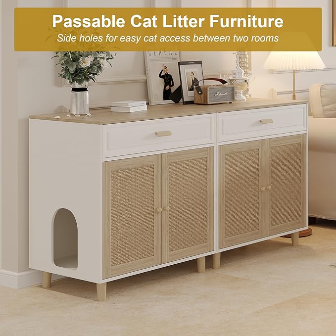 Cat Litter Box Enclosure Furniture Hidden - Indoor 2-in-1 Wooden Cat House & Washroom Cabinet with Scratching Board Doors and Drawer, 31.5”x21.6”x34.6”H-PawvioPets