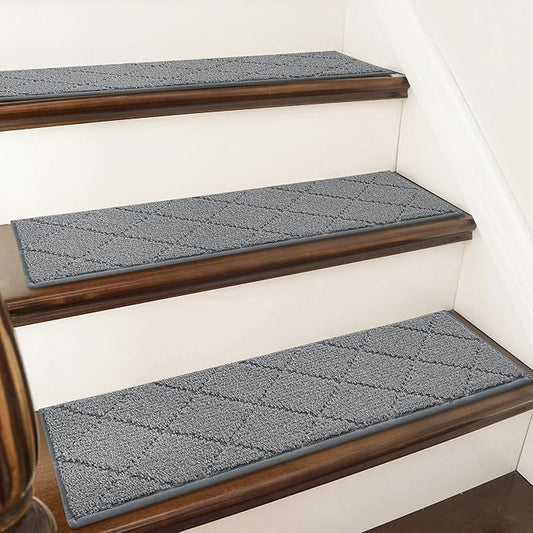 COSY HOMEER Stair Treads for Wooden Steps 9"x28" Washable Indoor Carpet Stair Treads Non Slip Soft Polyester Stair Carpet Tread Reusable Stair Runner Rugs for Kids, Elders,Pets,Medium Grey,10pcs-PawvioPets