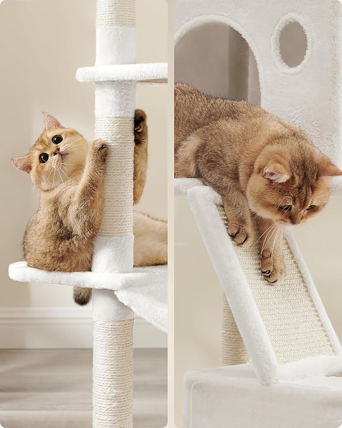 Feandrea Cat Tree, 81.1-Inch Large Cat Tower with 13 Scratching Posts, 2 Perches, 2 Caves, Basket, Hammock, Pompoms, Multi-Level Plush Cat Condo for Indoor Cats, Cream White UPCT190T01-PawvioPets