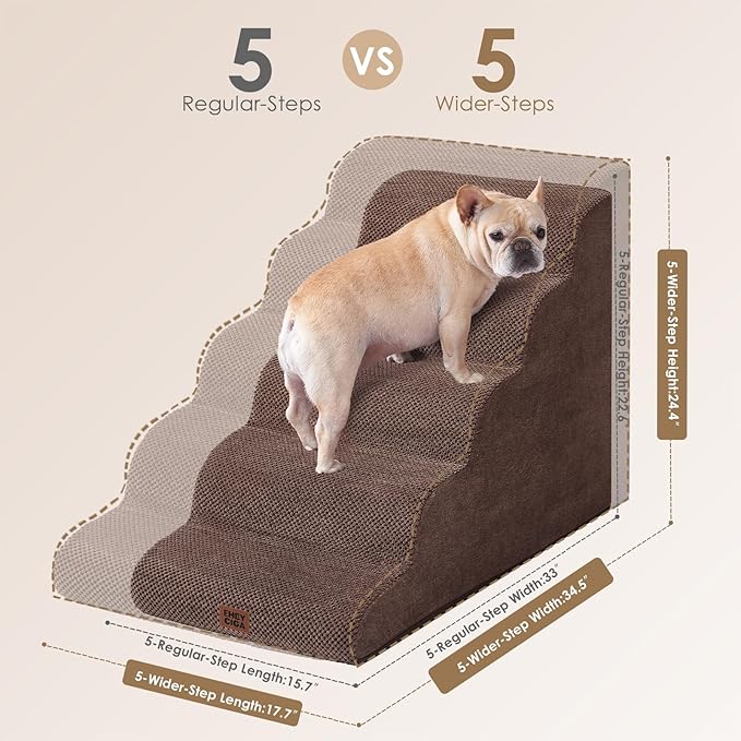 EHEYCIGA Curved Dog Stairs Ramp for High Beds, 5-Step Extra Wide Dog Steps for Small Dogs and Cats, Pet Stairs for High Bed Climbing, Non-Slip Balanced Pet Step Indoor, Brown-PawvioPets