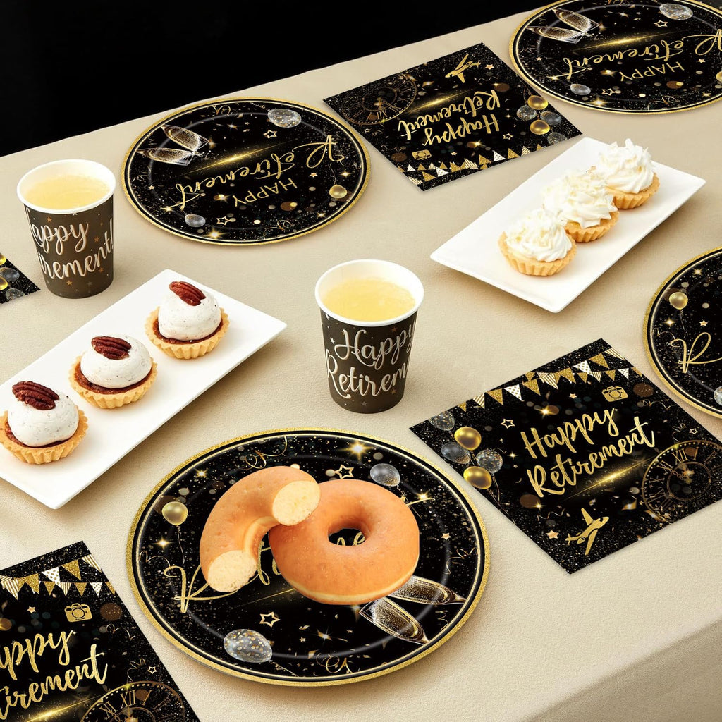 40pcs Happy Retirement Party Supplies Decorations Set, Black Gold Happy Retirement Plates and Napkins for Men and Women, Suitable for 20 Guests