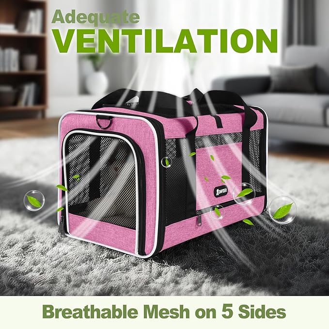 Cat Carrier 18x11x11 Delta Airline Approved, Easy Load Soft Pet Plane Travel Bag 15 pounds, Teacup Dog Crate 12 lbs, Yorkie Kennel Carrying Case, Kitten Toy Poodle Mesh Cage up to 20lbs Pink-PawvioPets