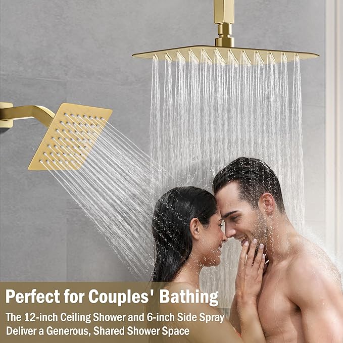 12 Inch Rain Shower System, Brushed Gold Shower Faucet Set with Push Button Diverter, 6 Inch Wall Mounted 3-Functions Bathroom Shower Systems with Dual-Function Handheld-PawvioPets